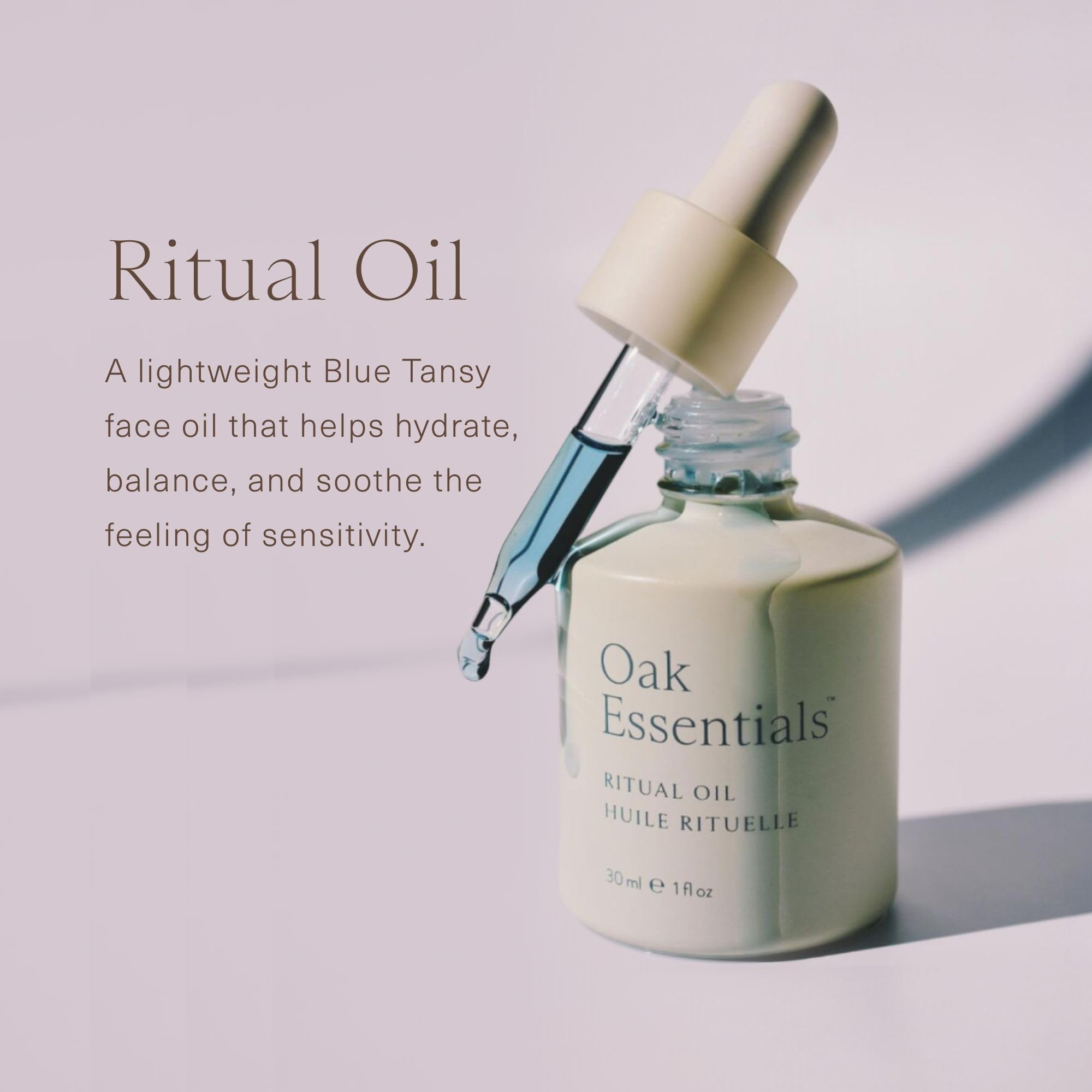 Oak Essentials Blue Tansy essence close-up highlighting calming, protective properties.