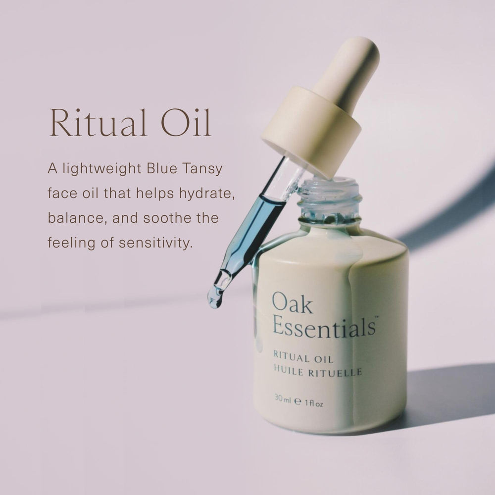 Oak Essentials Blue Tansy essence close-up highlighting calming, protective properties.