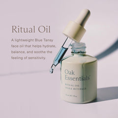 Oak Essentials Blue Tansy essence close-up highlighting calming, protective properties.