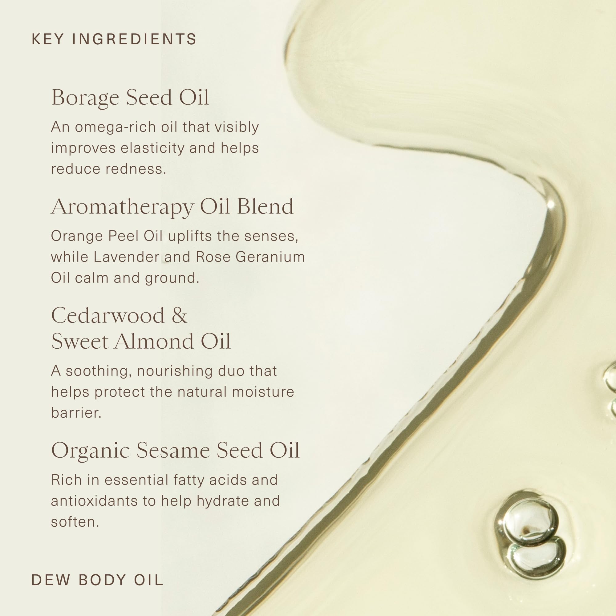 Oak Essentials Dew Body Oil amber-hued bottle on vanity for radiant skin