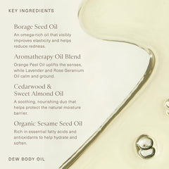 Oak Essentials Dew Body Oil amber-hued bottle on vanity for radiant skin