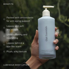 Oak Essentials Luminous Body Lotion apply on arm shows quick absorption and calming scent