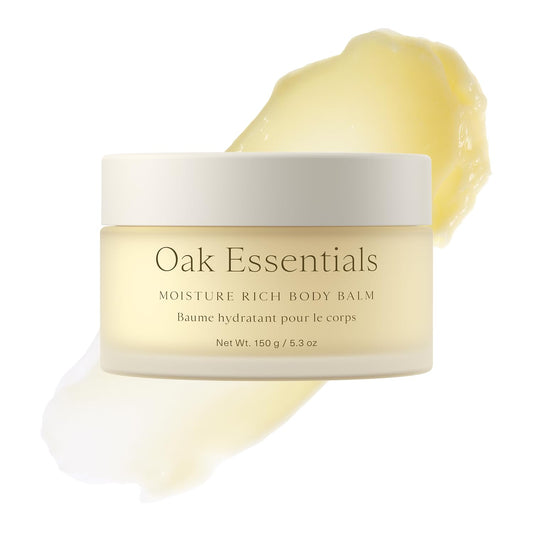 Oak Essentials Moisture Rich Body Balm bottle shows premium packaging for spa-like hydration