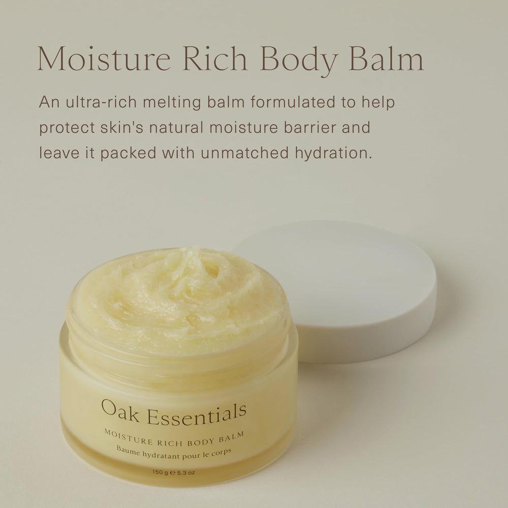 oak essentials moisture rich body balm jar with creamy texture for deep hydration