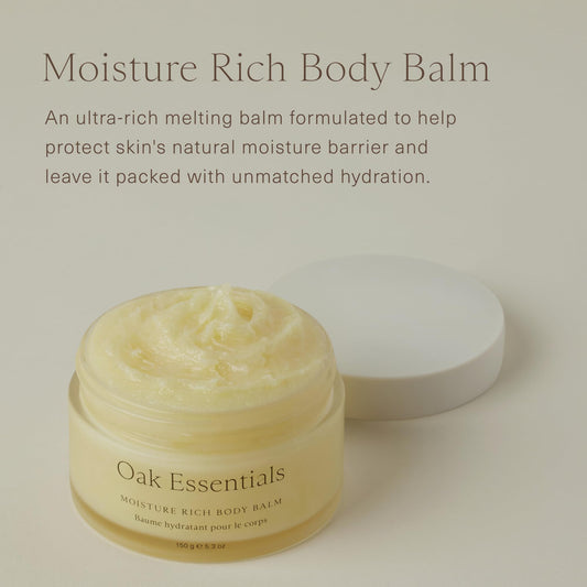 oak essentials moisture rich body balm jar with creamy texture for deep hydration