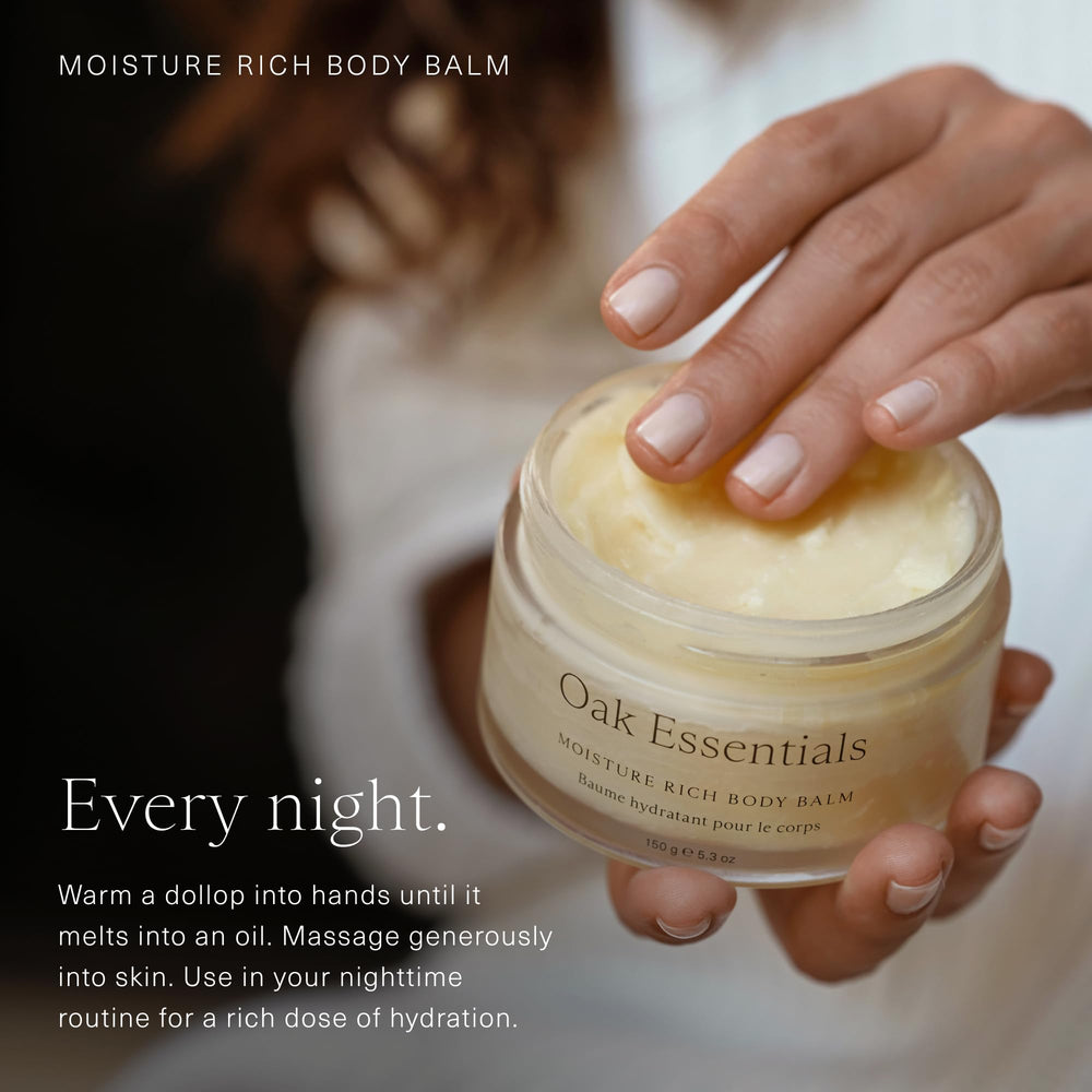 Oak Essentials Moisture Rich Body Balm with lavender aroma for calming spa feel