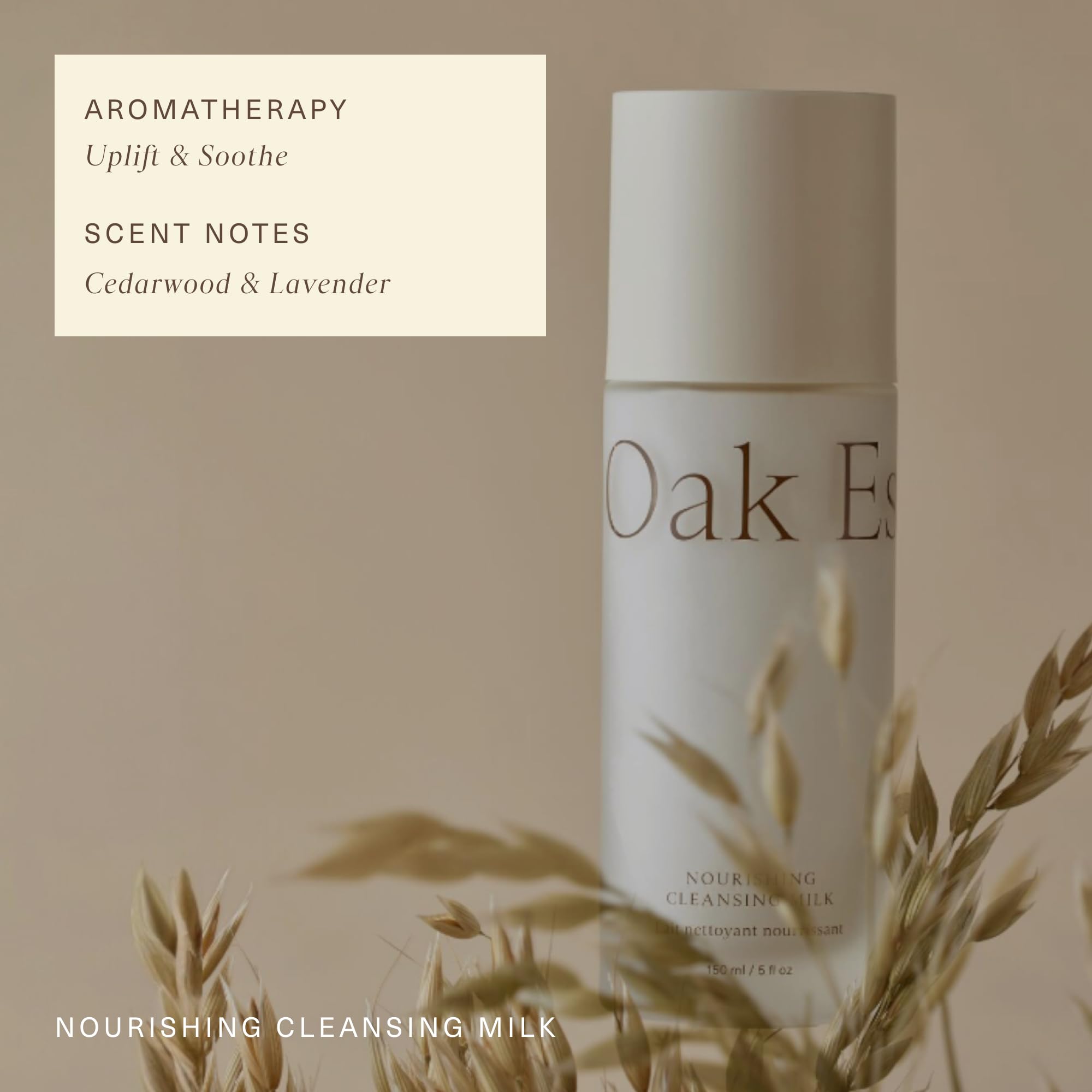 Oak Essentials Nourishing Cleansing Milk packaging highlights clean ingredients and cruelty-free formula.