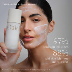 Oak Essentials Nourishing Cleansing Milk rice bran focus highlights vitamin-rich nourishment for skin.