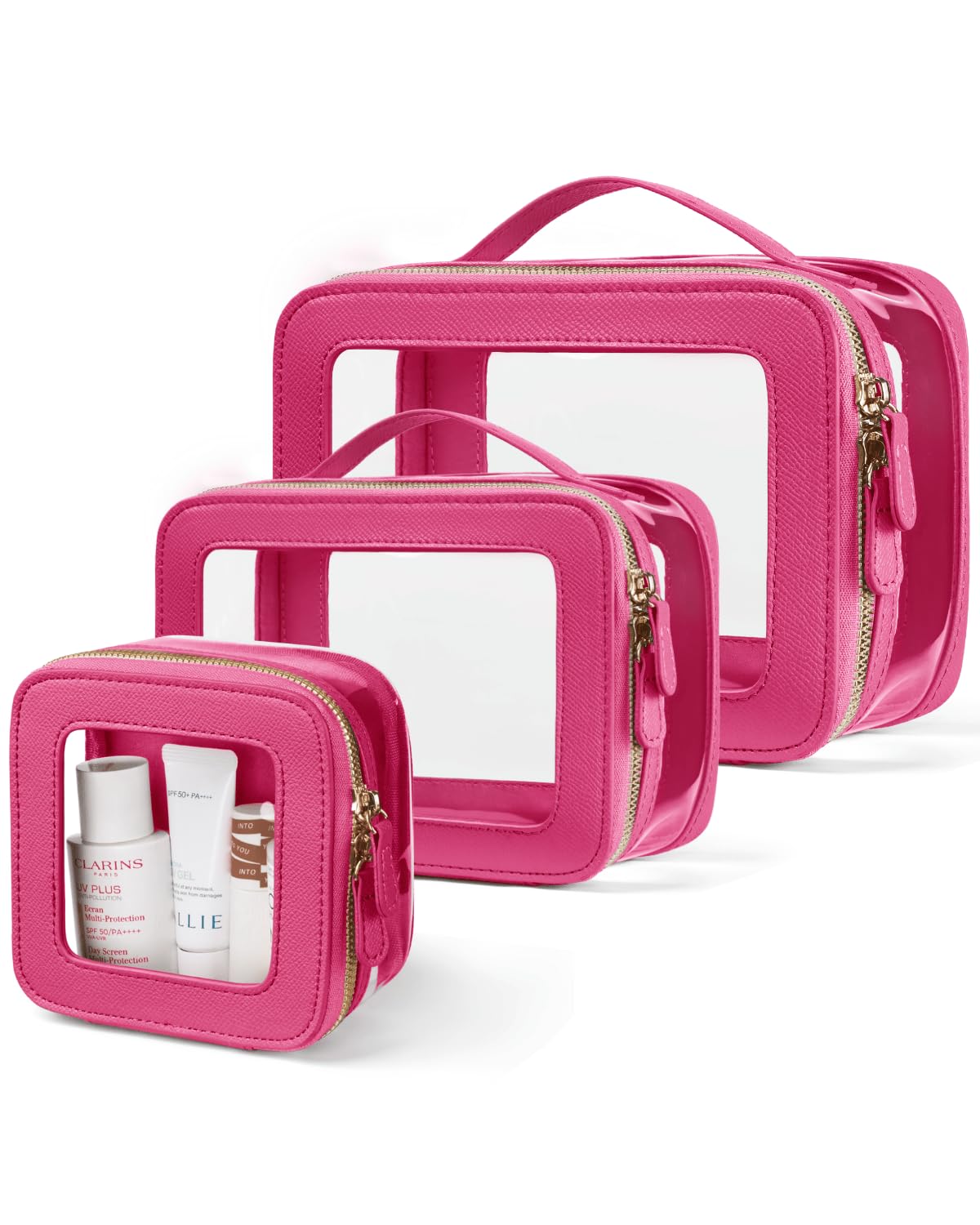 Oaque clear cosmetic bag set with handle for easy carrying on trips.