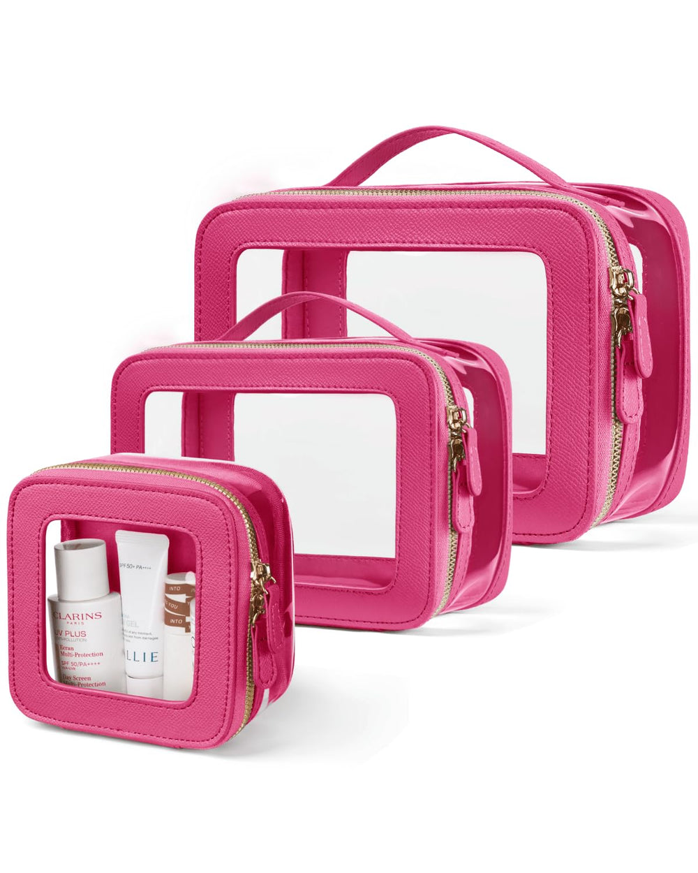 Oaque clear cosmetic bag set with handle for easy carrying on trips.
