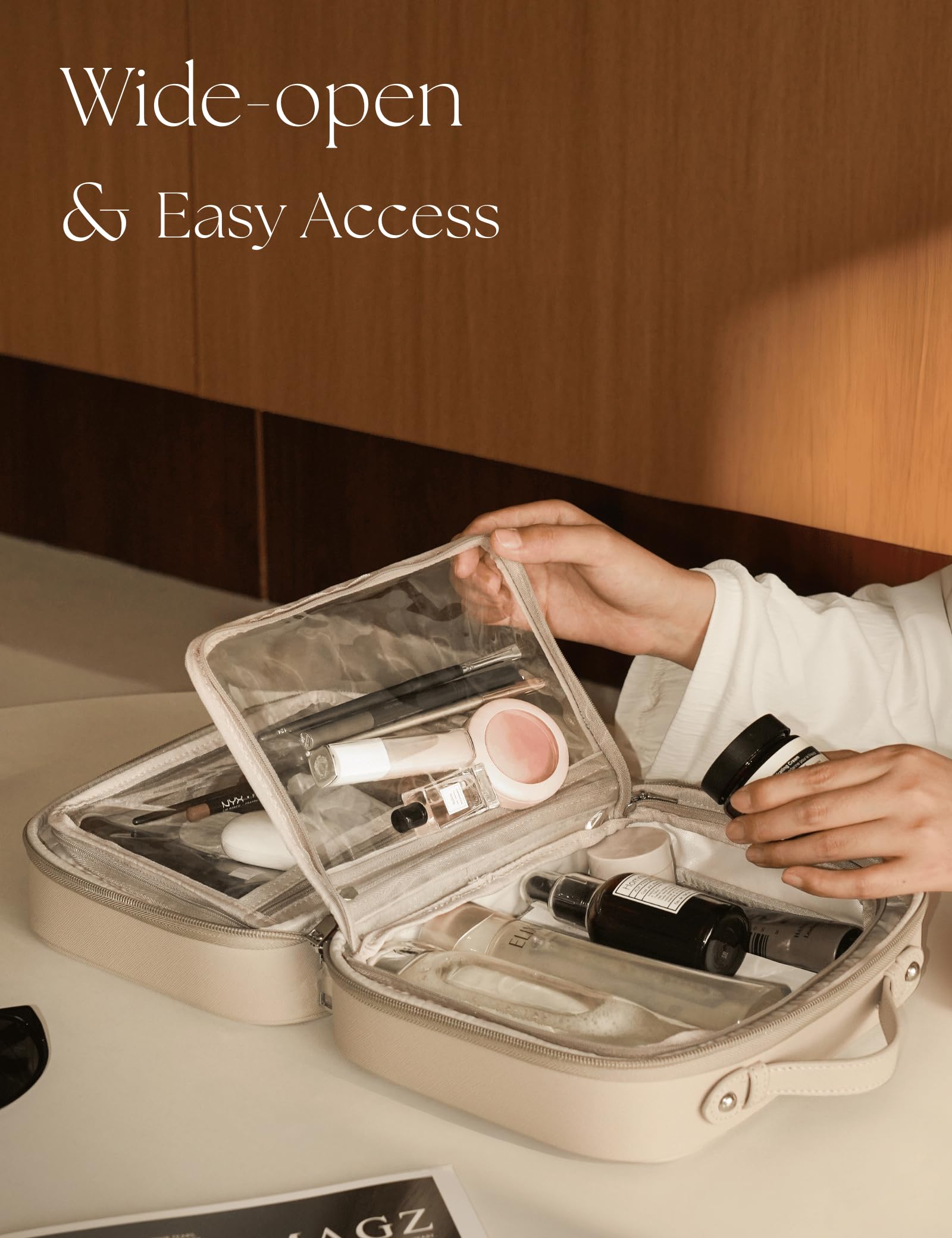 Oaque transparent bag shows four compartments for easy separation of cosmetics and toiletries.