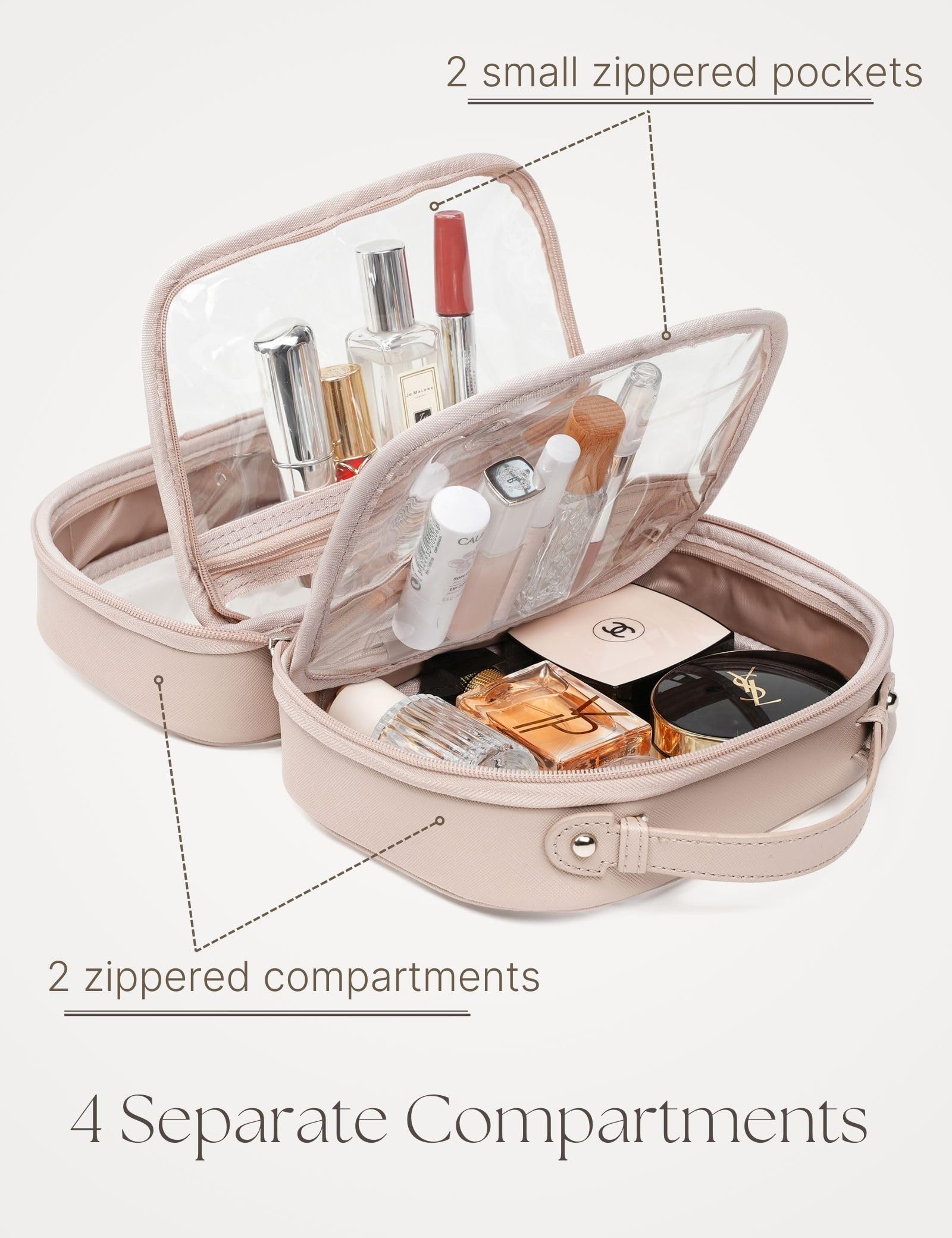 Oaque large makeup bag accommodates full-sized products for longer trips.