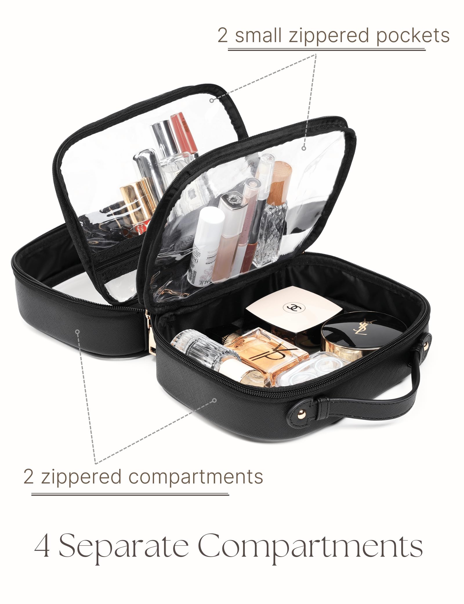 Oaque saffiano faux leather trim on a clear bag adds durability and easy cleaning.
