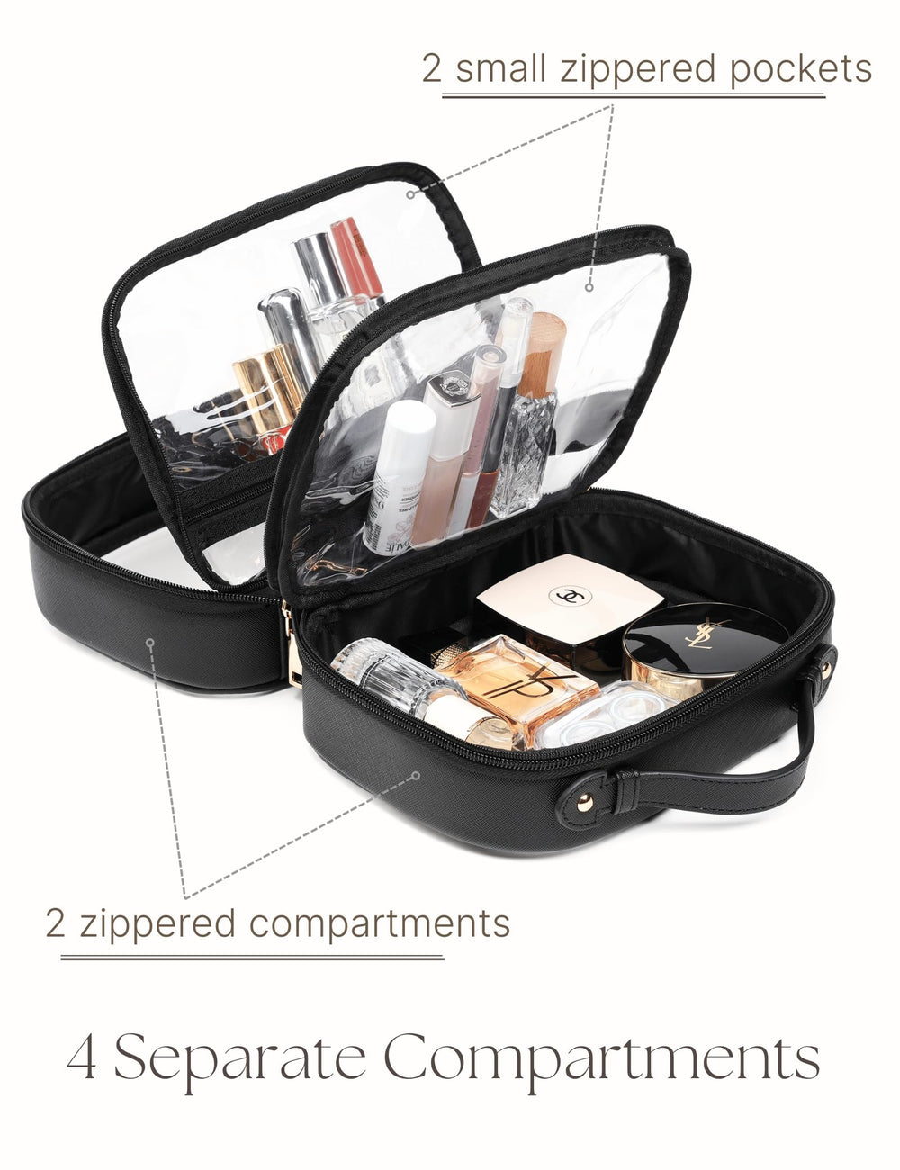 Oaque saffiano faux leather trim on a clear bag adds durability and easy cleaning.