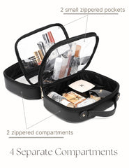Oaque saffiano faux leather trim on a clear bag adds durability and easy cleaning.