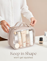 Oaque taupe travel bag fits in a suitcase with 5.8-liter capacity.