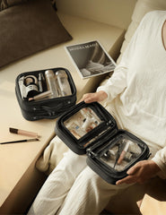 Oaque TSA-friendly clear cosmetic bag fits travel-size bottles for carry-on use.