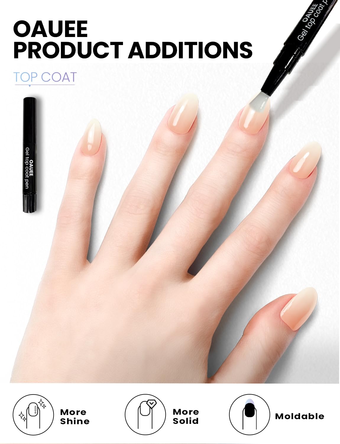 Close-up of OAUEE tempered gel top coat enhancing shine and durability.