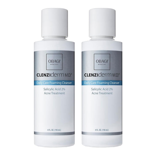 Obagi CLENZIderm M.D. foaming cleanser bottle ready for daily use to help clear pores.