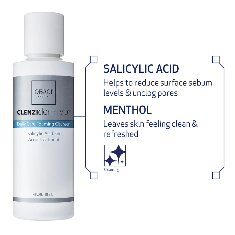Back packaging view of Obagi CLENZIderm M.D. cleanser showing dermatologist-tested seal.