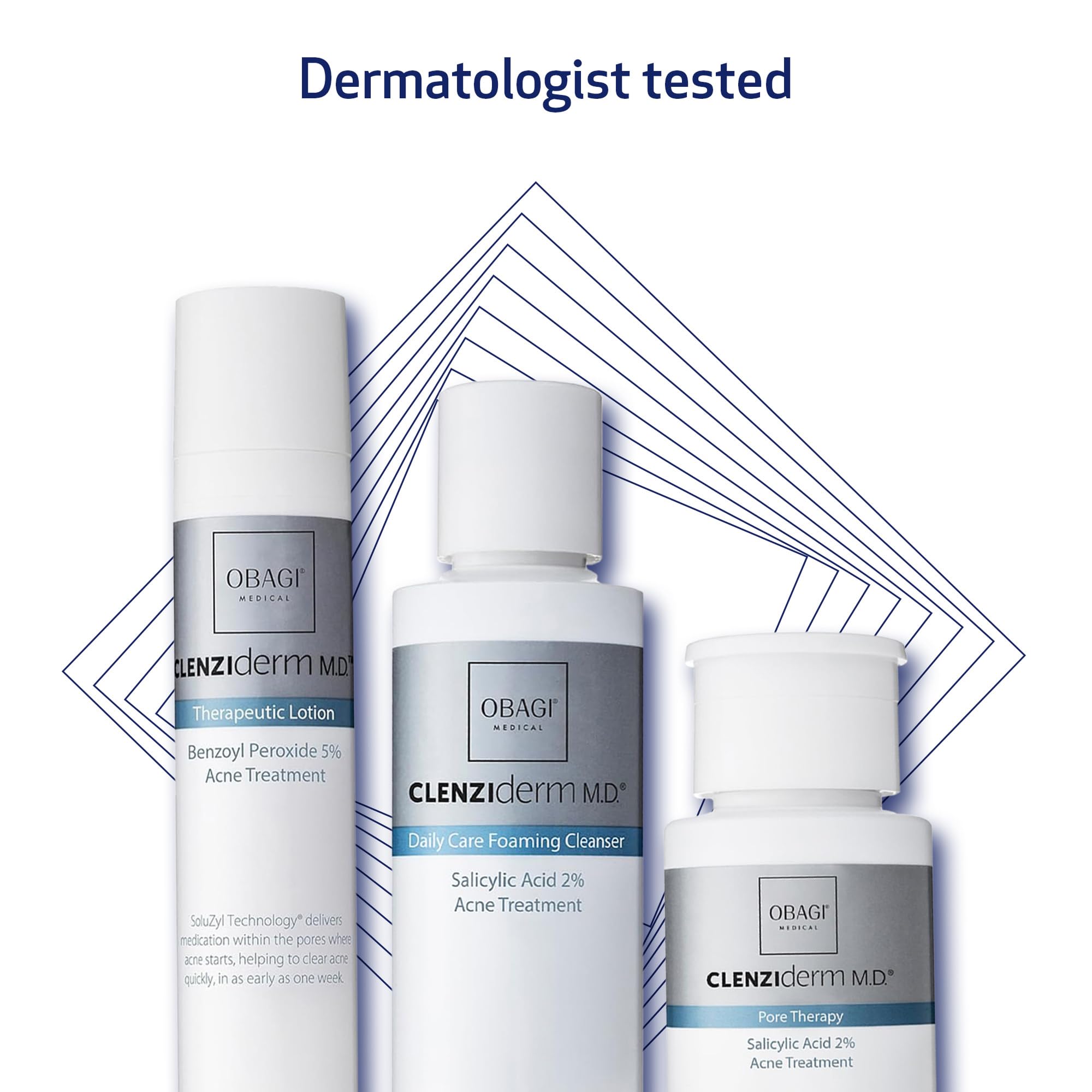 Obagi CLENZIderm MD packaging shows dermatologist-tested stamp for trust.