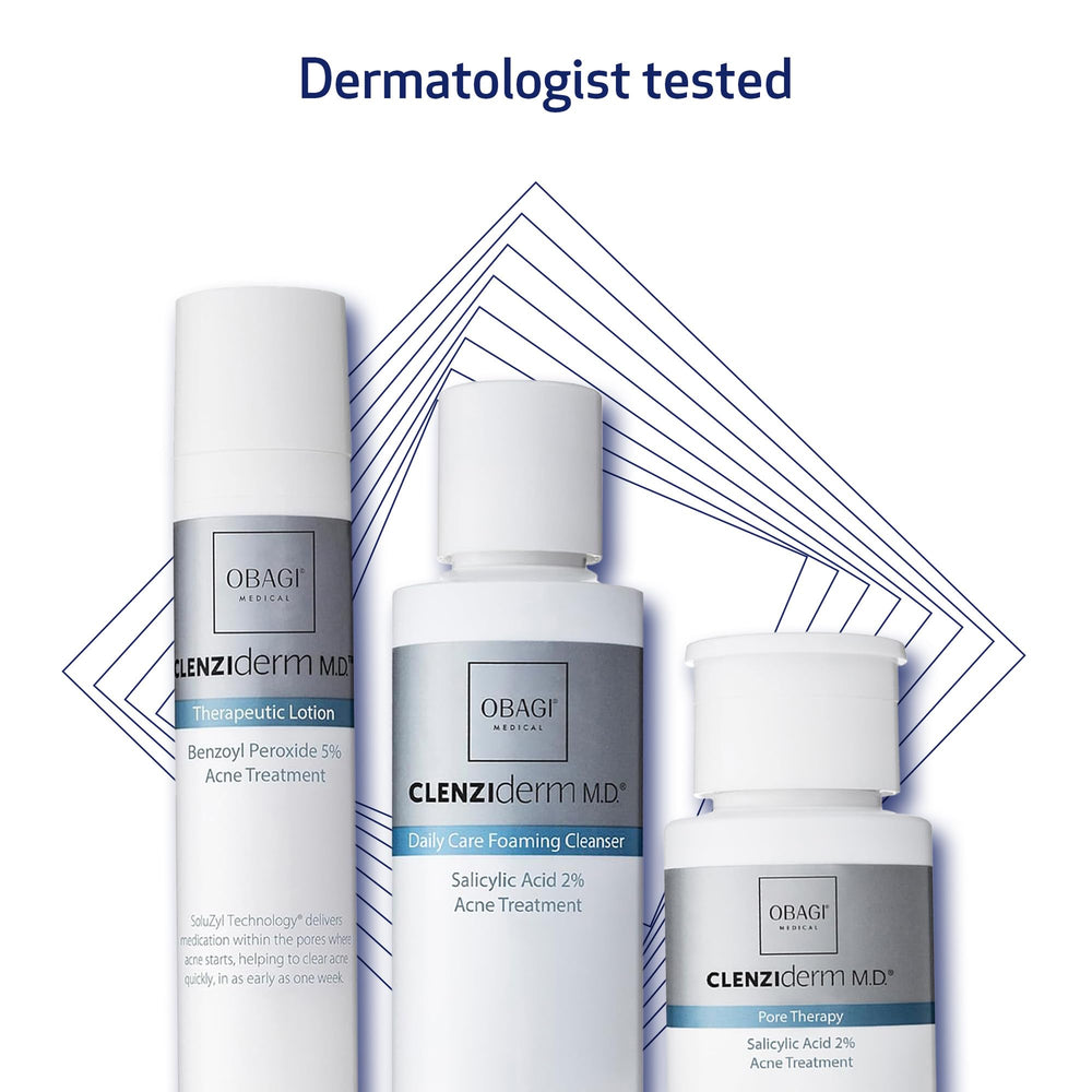 Obagi CLENZIderm MD packaging shows dermatologist-tested stamp for trust.