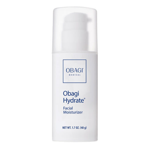 Obagi Hydrate facial moisturizer jar closeup showing creamy texture for all-day hydration.