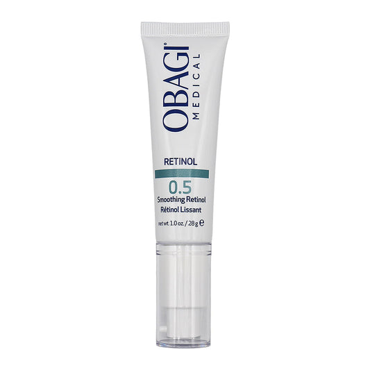 Obagi Medical Retinol 0.5 cream bottle close-up highlights gentle delivery for smoother skin.