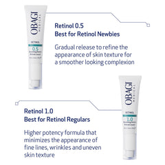Obagi Medical Retinol 0.5 cream on skin-tone close-up suggests even texture improvement.