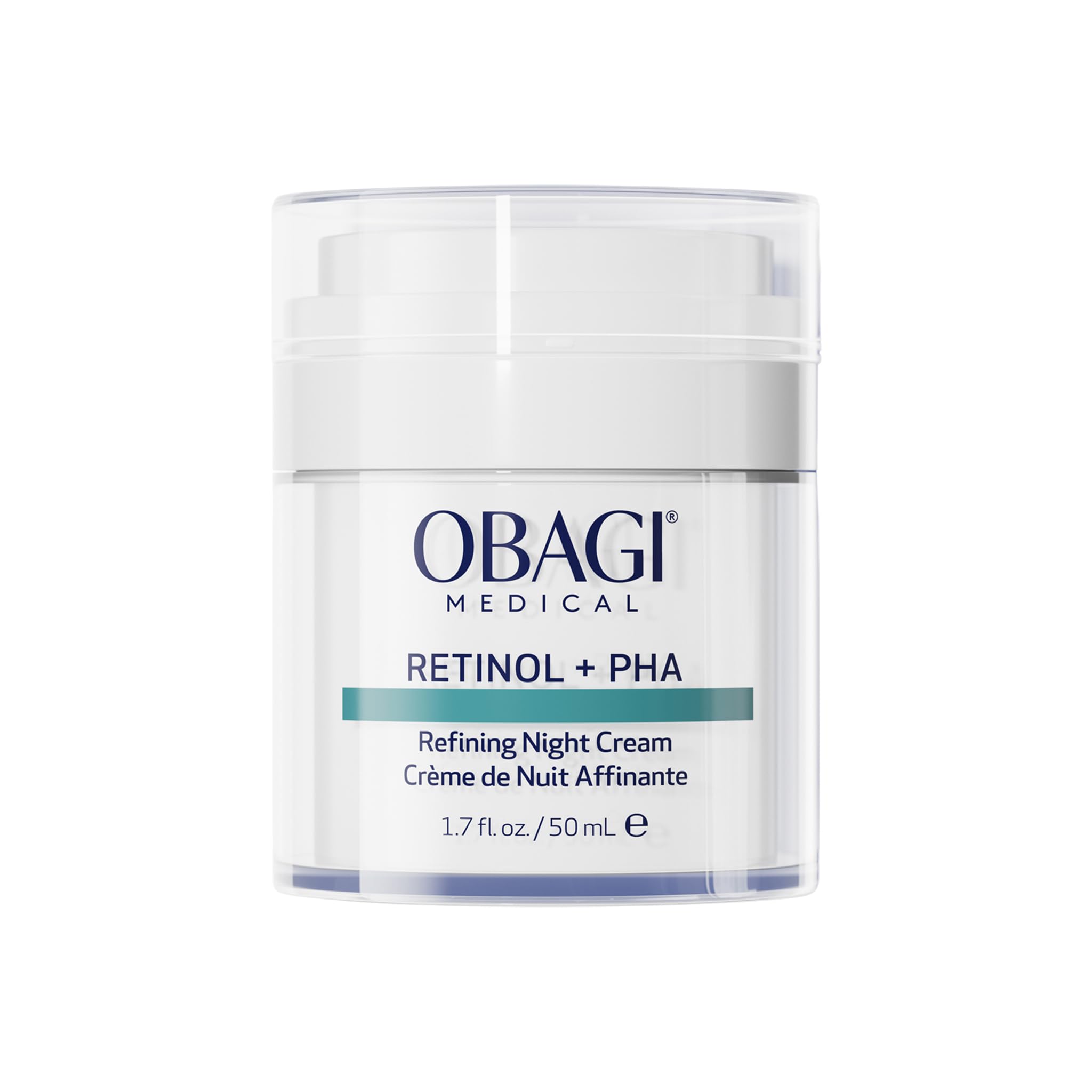 Obagi Medical Retinol PHA Refining Night Cream jar on a vanity for overnight renewal