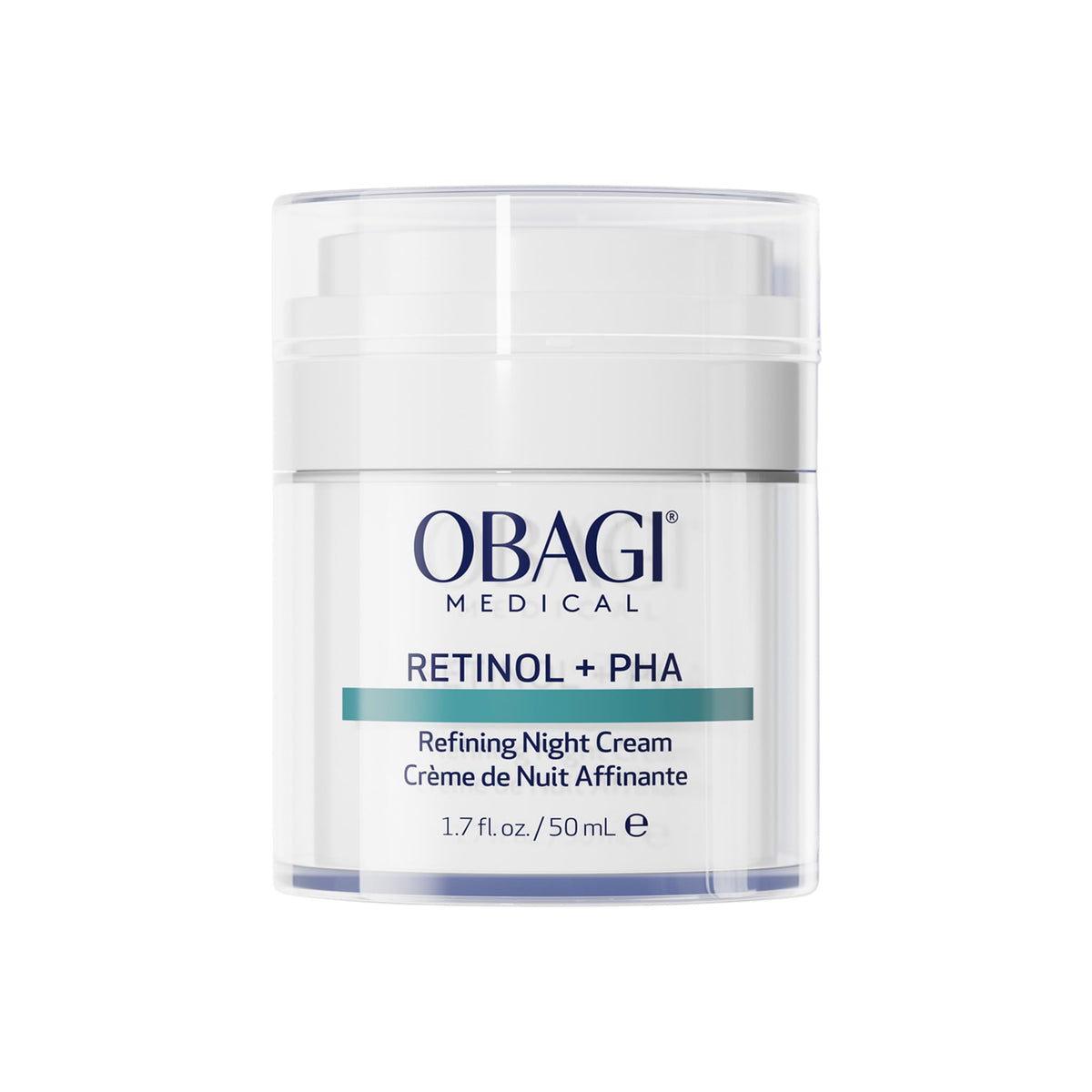 Obagi Medical Retinol PHA Refining Night Cream jar on a vanity for overnight renewal