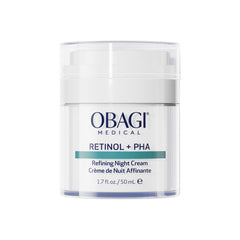 Obagi Medical Retinol PHA Refining Night Cream jar on a vanity for overnight renewal