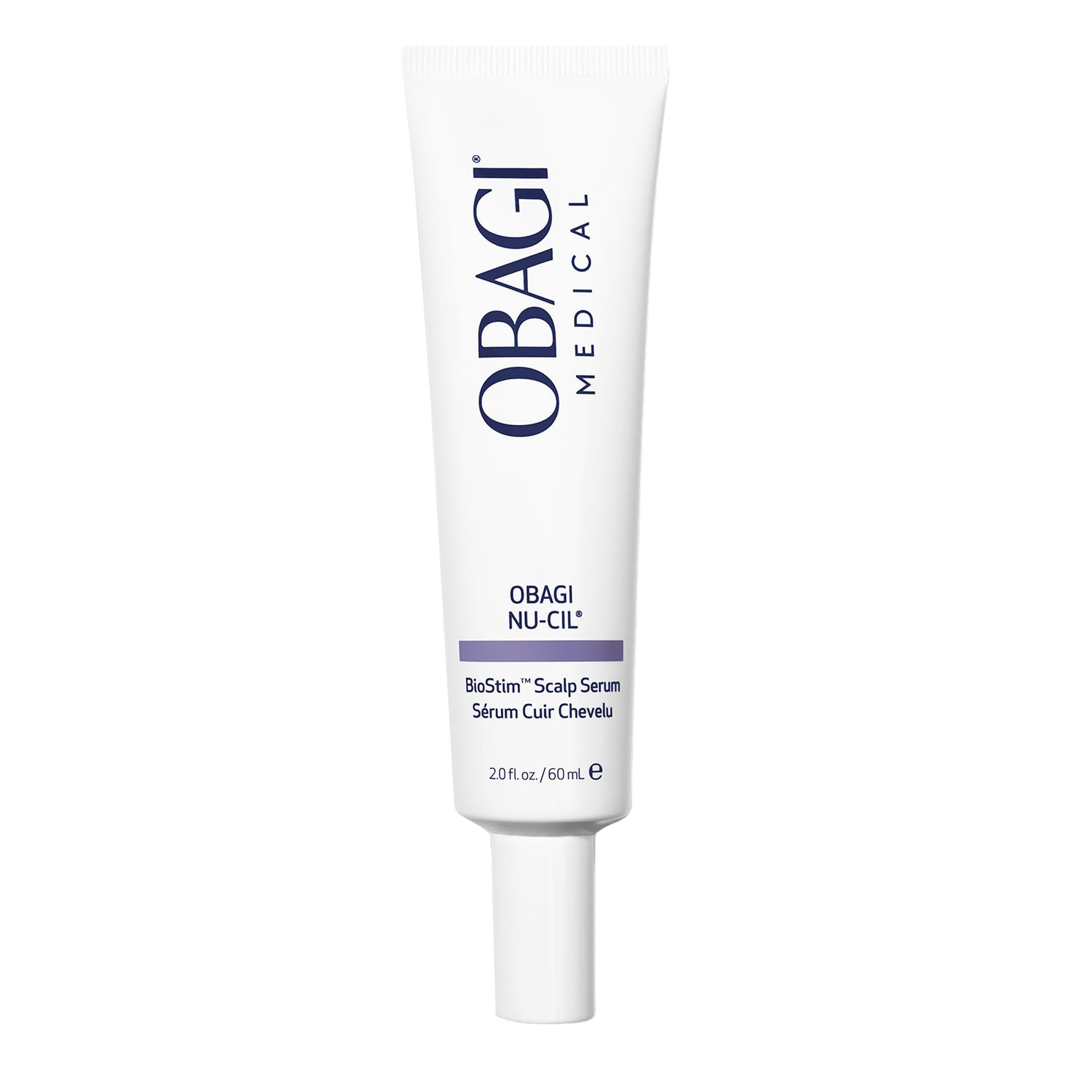 Obagi Nu-Cil BioStim serum bottle front shows a lightweight, quick-absorbing scalp serum.