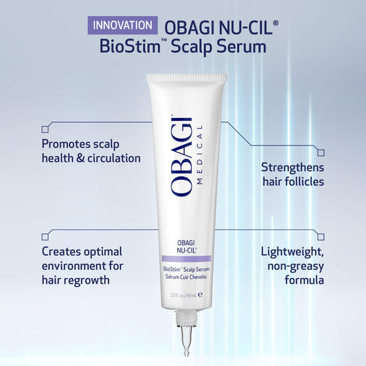 Obagi Nu-Cil BioStim dropper-dispense close-up for even scalp coverage.