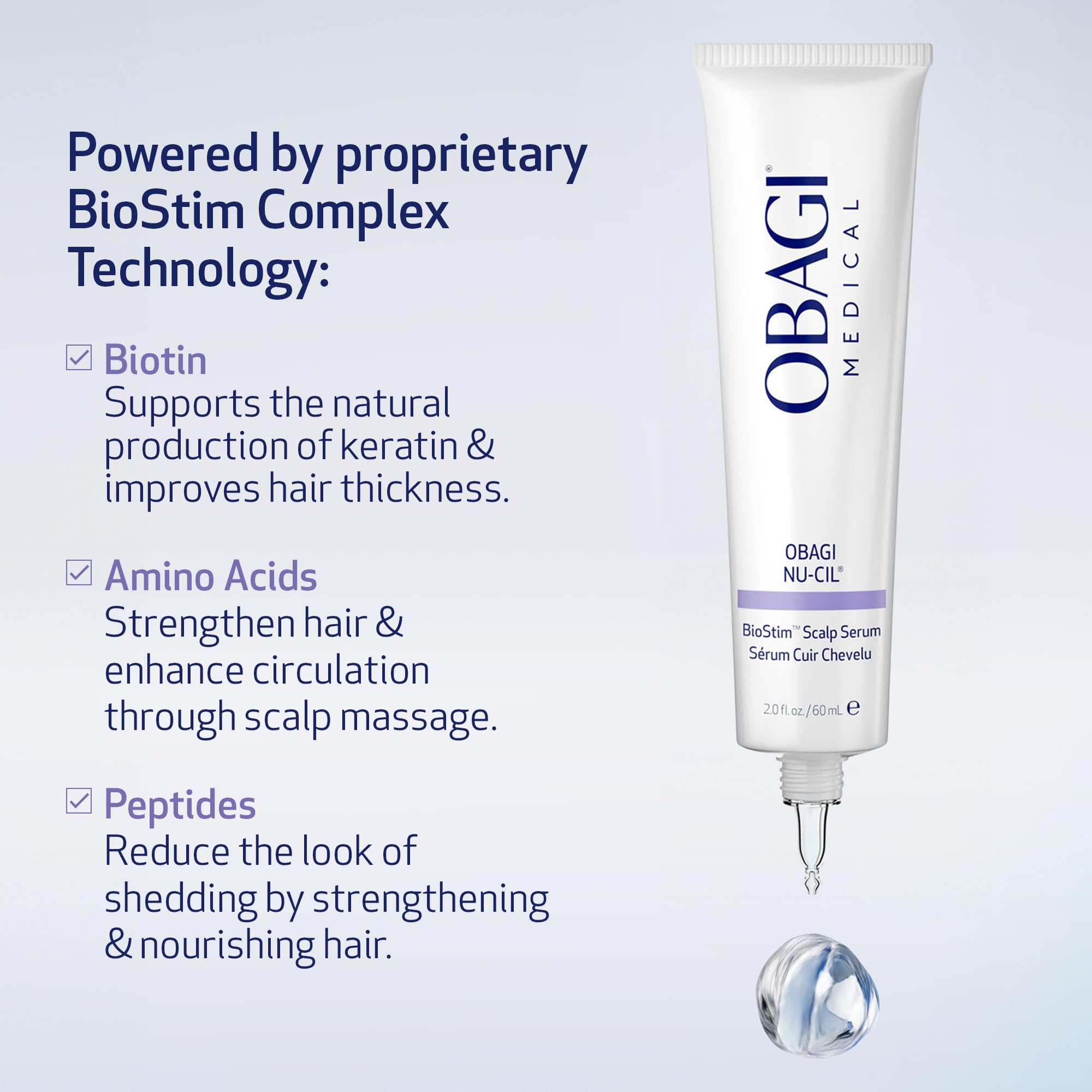 Obagi Nu-Cil BioStim science-label features Biotin and Peptides for scalp vitality.