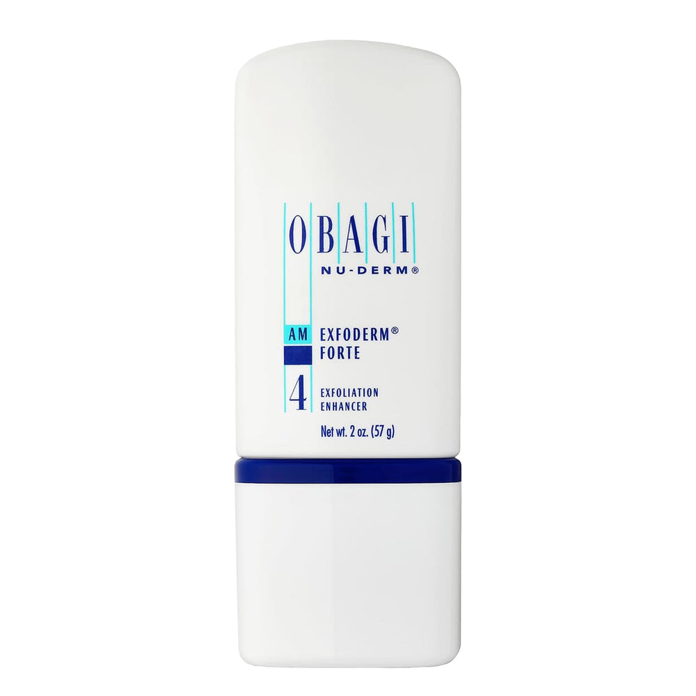 Obagi Nu-Derm Exfoderm Forte bottle close-up showing a lightweight exfoliating formula for smoother skin.