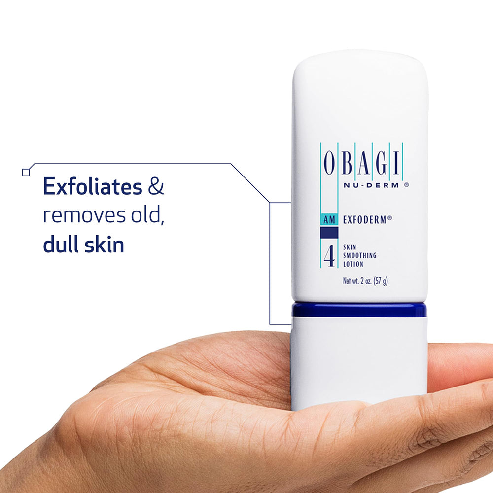 Close-up of Exfoderm lotion texture showing its lightweight feel for dry skin.