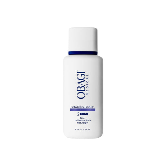 Obagi Nu-Derm Face Toner bottle pouring to balance skin after cleansing.