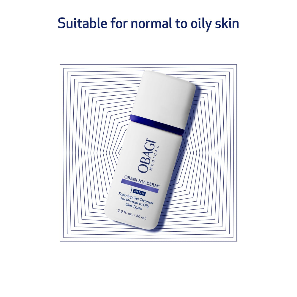 Obagi Nu-Derm Foaming Gel applied to the face in a gentle cleansing action