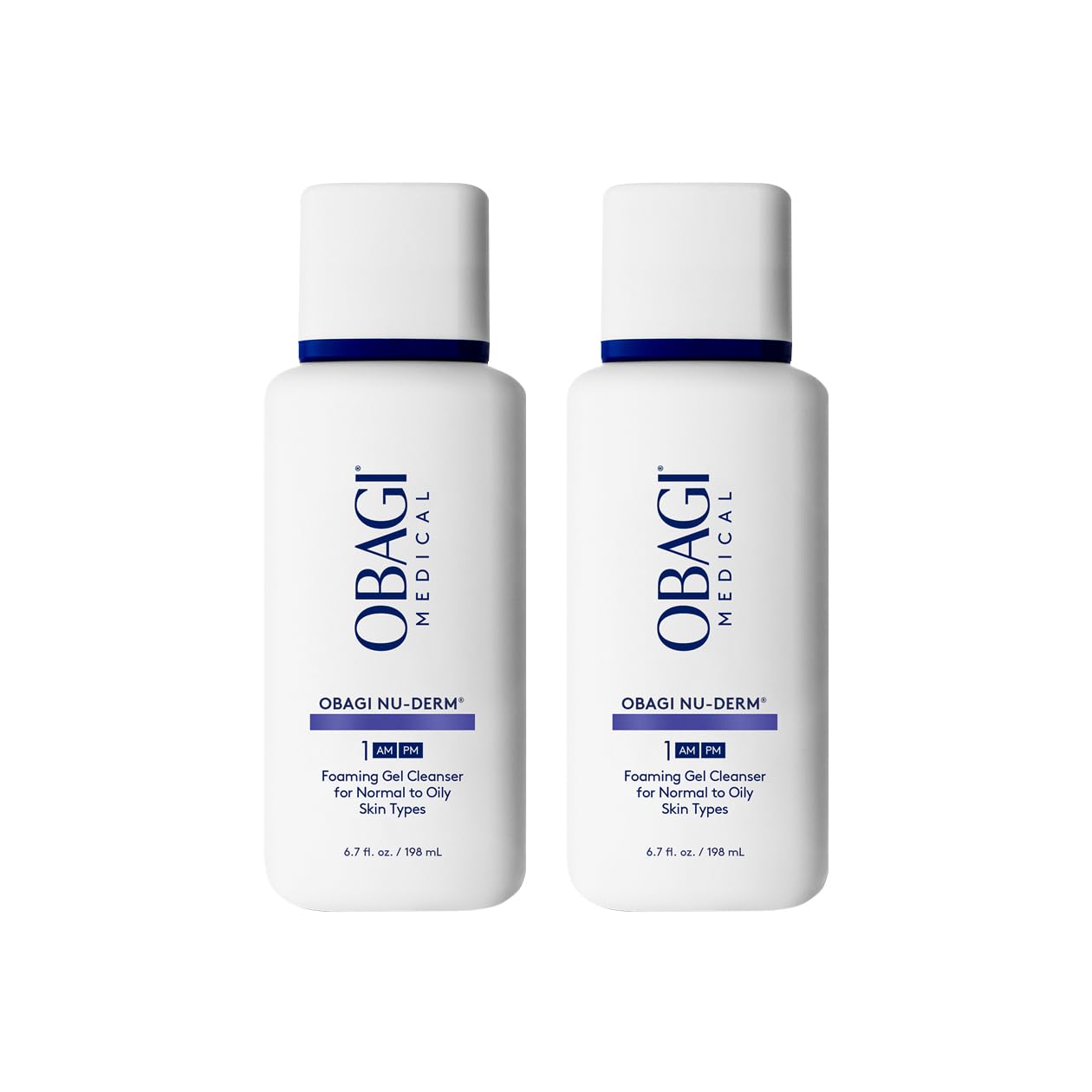Obagi Nu-Derm Foaming Gel bottle on sink for a refreshing cleanse.