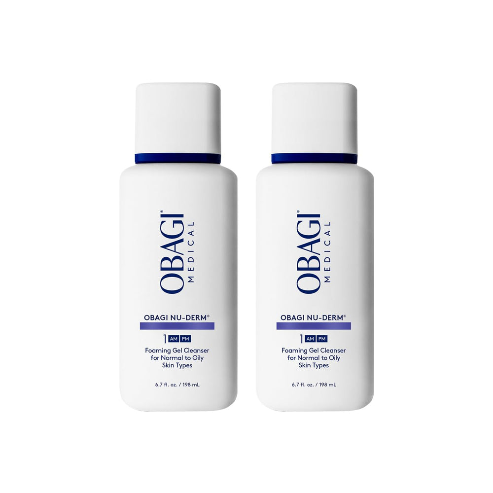 Obagi Nu-Derm Foaming Gel bottle on sink for a refreshing cleanse.