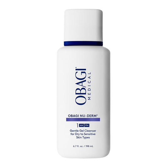 Obagi Nu-Derm Gentle Cleanser bottle for daily cleansing and makeup removal.