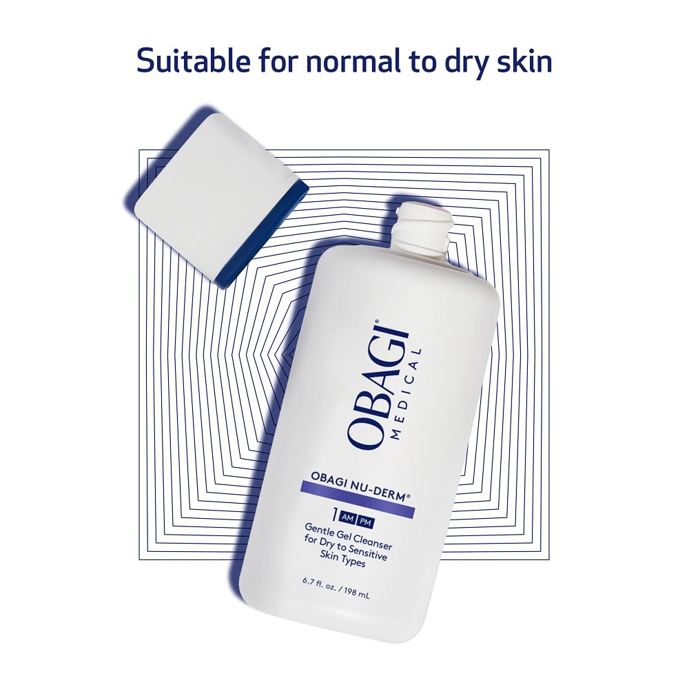 Obagi Nu-Derm Gentle Cleanser label close-up communicates dermatologist-tested credentials.