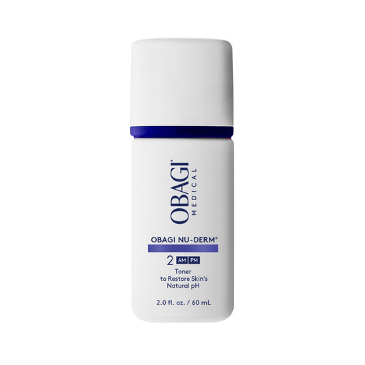 Obagi Nu-Derm Toner bottle front shows alcohol-free formula for sensitive skin.