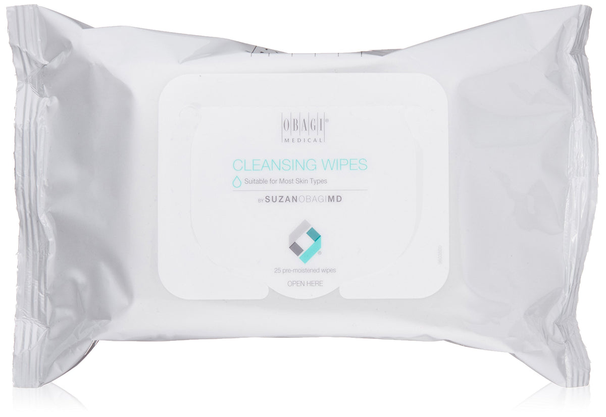 Obagi On the Go Cleansing Wipes package front, travel-ready for quick cleansing and makeup removal.