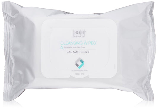 Obagi On the Go Cleansing Wipes package front, travel-ready for quick cleansing and makeup removal.