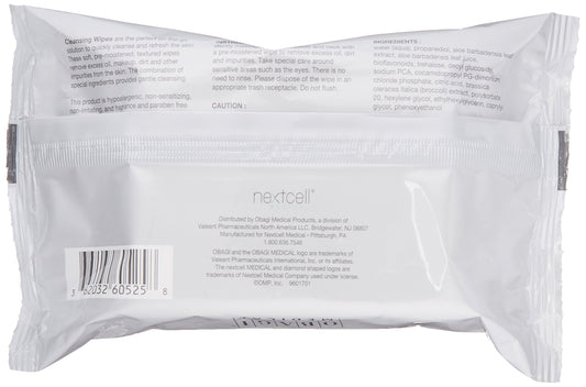 Obagi On the Go Cleansing Wipes textured wipe close-up for gentle cleansing and makeup removal.