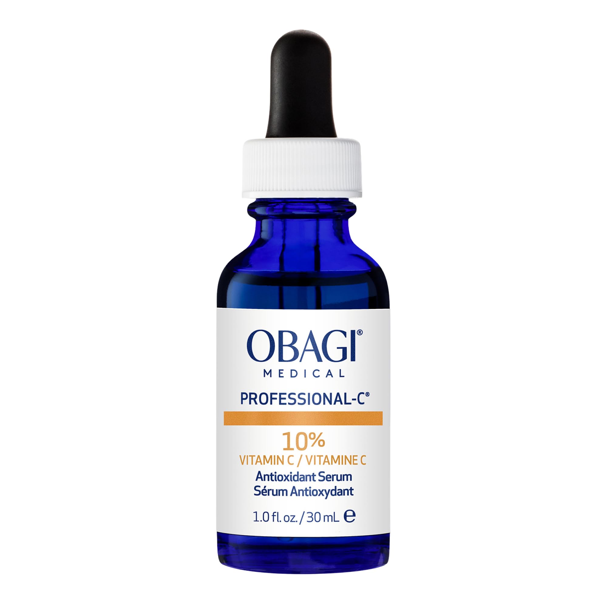 Obagi Professional-C 10% Serum bottle close-up for brightening and tone evenness.
