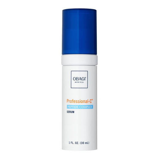 Obagi Professional-C Peptide Complex Serum bottle on vanity for even skin tone.