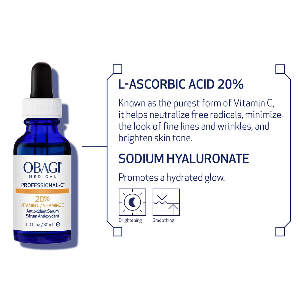 Obagi Professional C Serum 20% ingredients list highlights concentrated vitamin C.